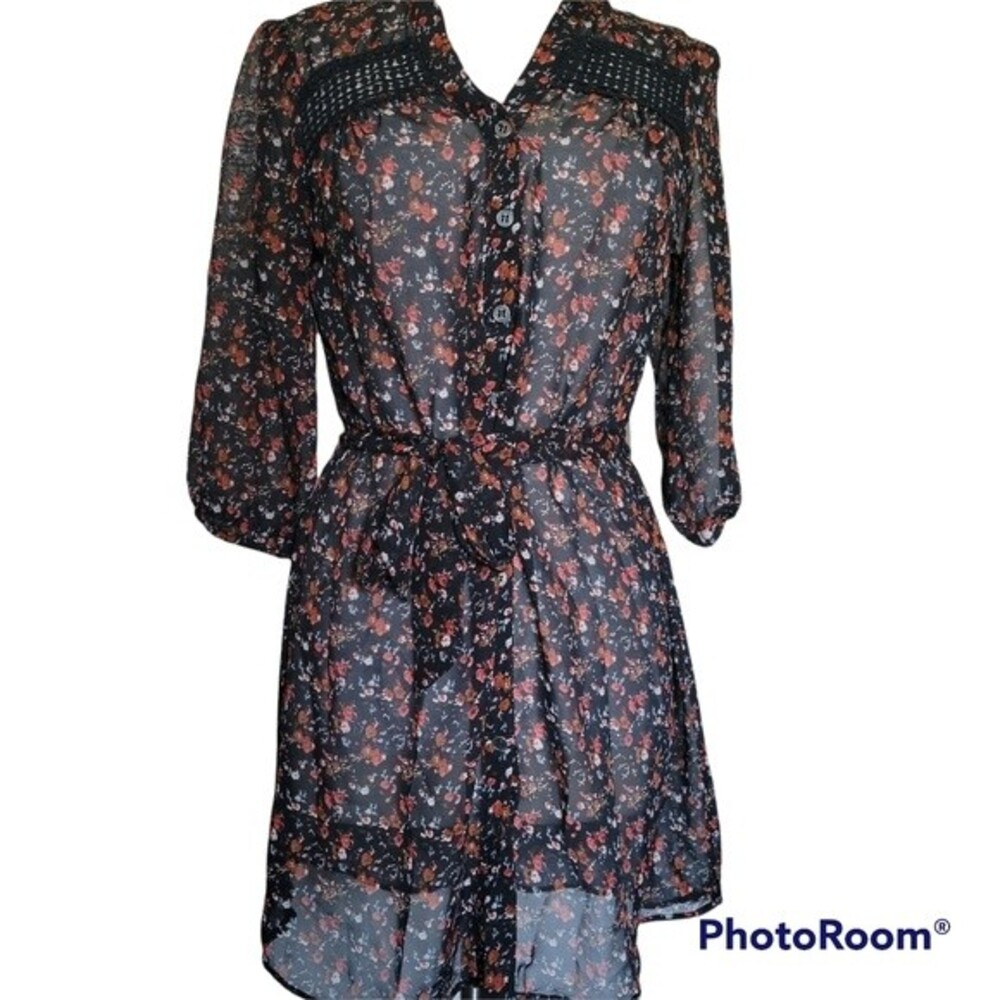 Black Poppy ButtonDown Sheer Floral Tunic/Dress - M